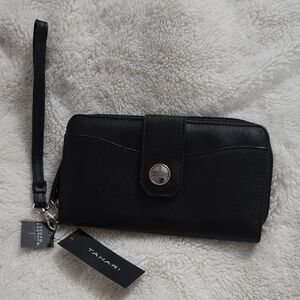 Tahari Black Vegan Leather Wristlet Clutch